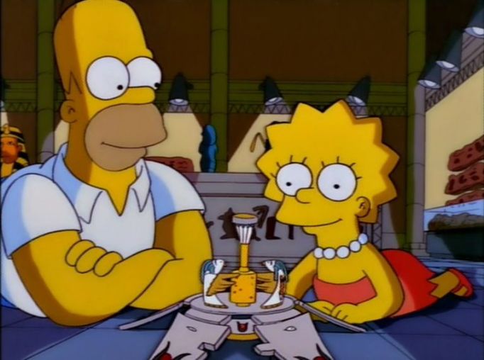 Homer and Lisa Simpson watching the Orb of Isis.