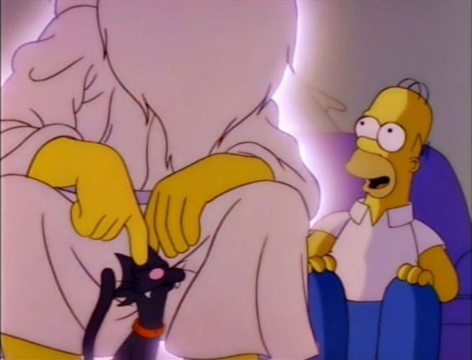 Homer Simpson having a little talk with five-fingered God.