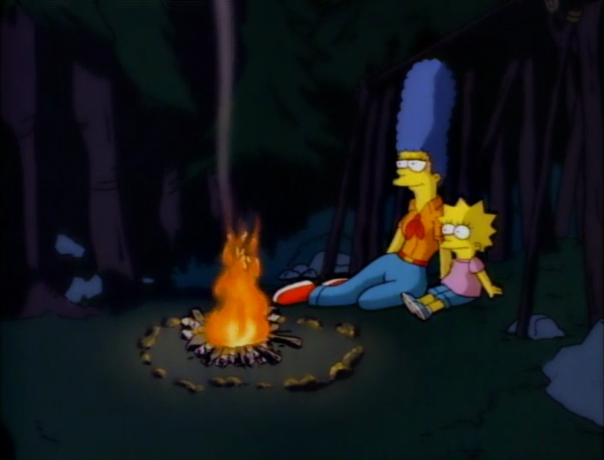 Marge and Lisa Simpson at a camp fire in the woods